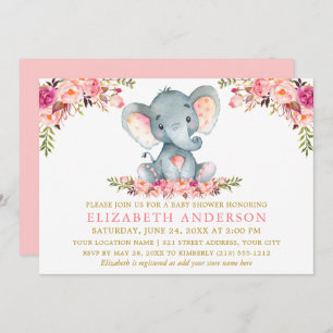 Watercolor Elephant Pink Floral Gold Baby Shower Invitation