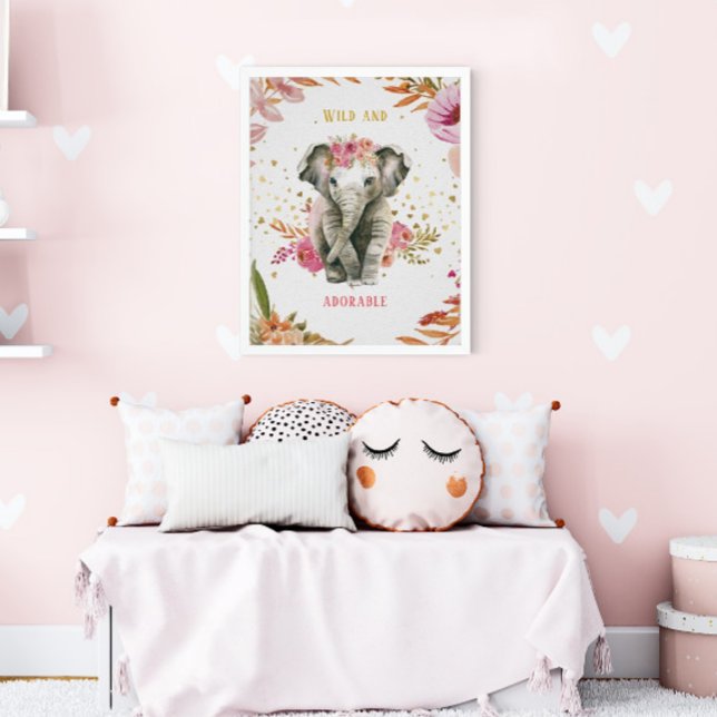 Watercolor Elephant Pink Flowers Girl Nursery Poster (Creator Uploaded)