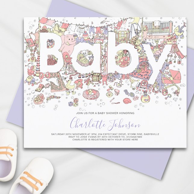 Watercolor Elephant Purple Budget (Cute elephant pink and purple baby shower invitation )