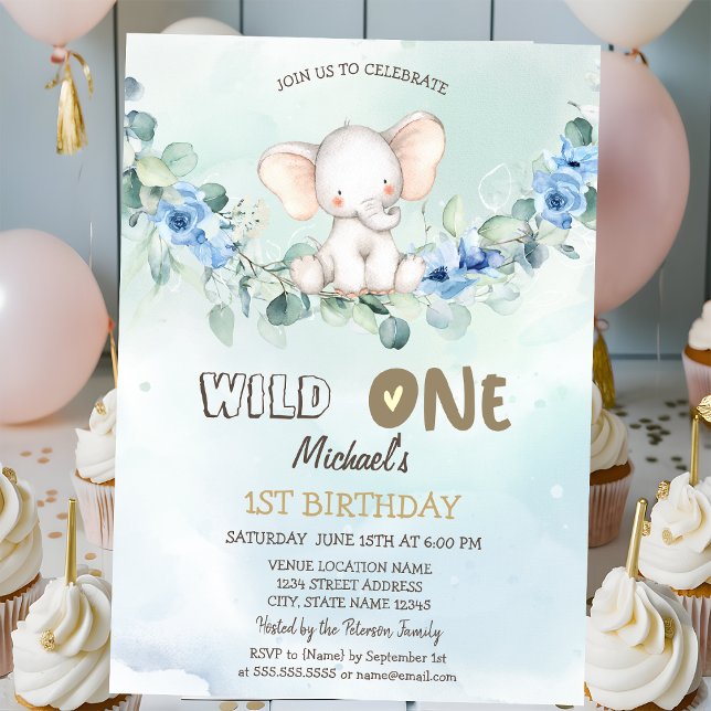  Watercolor Elephant Roses Leaves 1st  Invitation (Creator Uploaded)