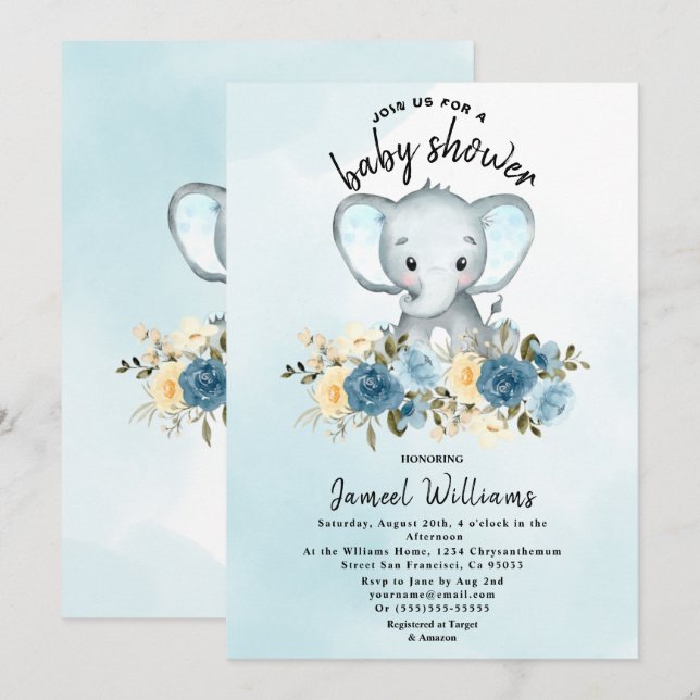 Watercolor Elephant Roses Yellow Blue Baby shower  Invitation (Front/Back)