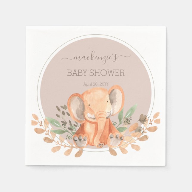 Watercolor Elephant Safari Baby Shower Napkin (Front)