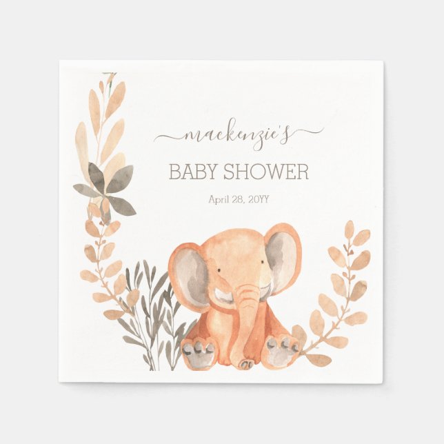 Watercolor Elephant Safari Baby Shower Napkin (Front)