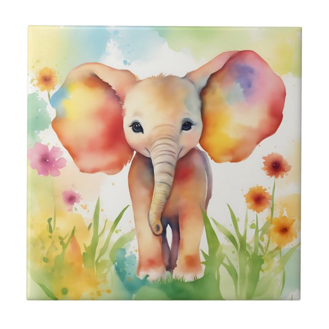 Watercolor Elephant Serene Colourful Tile (Front)