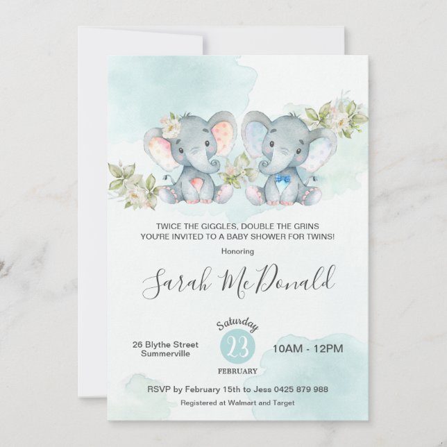 Watercolor Elephant Twins Boy Girl Baby Shower Invitation (Front)