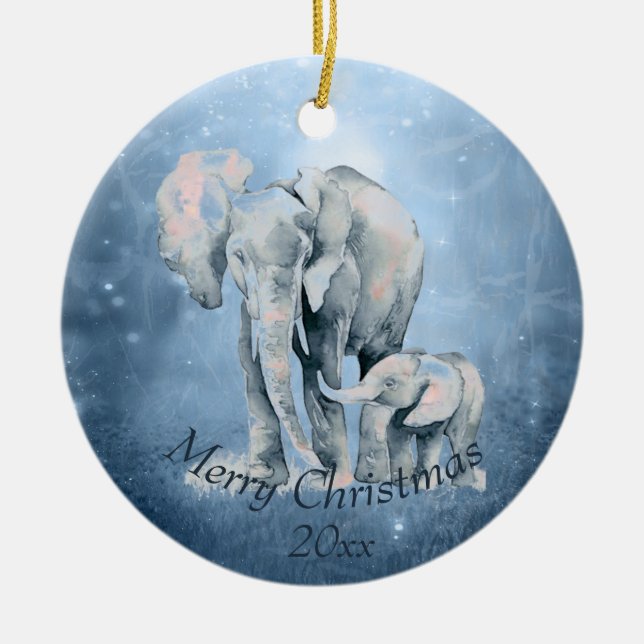 Watercolor Elephant Wildlife Nature Animal Art  Ce Ceramic Tree Decoration (Front)