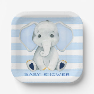 Watercolor Elephant With Blue Stripes Baby Shower Paper Plate