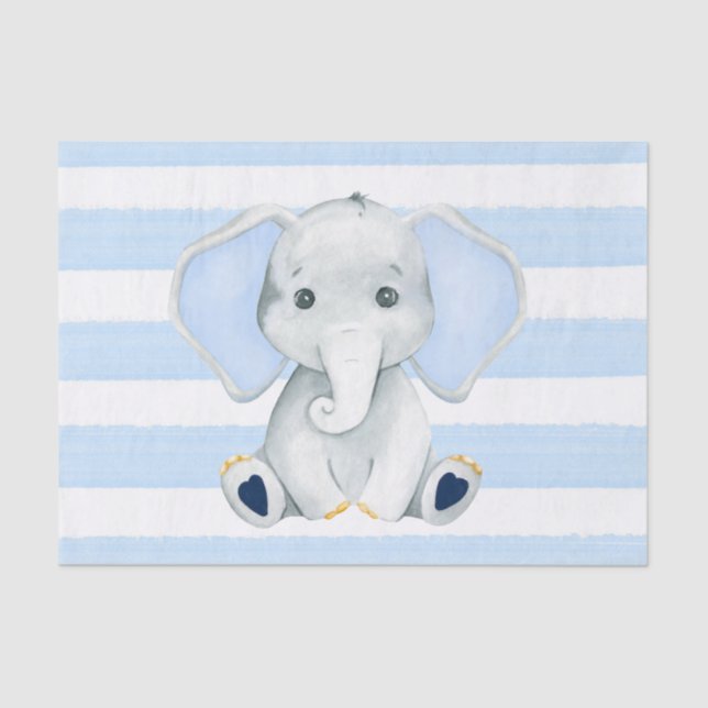 Watercolor Elephant With Blue Stripes Baby Shower Tissue Paper (Front)