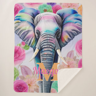 Watercolor Elephant with Flowers Personalised Name Sherpa Blanket