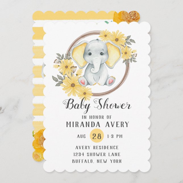 Watercolor Elephant With Yellow Stripe Baby Shower Invitation (Front/Back)