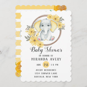 Watercolor Elephant With Yellow Stripe Baby Shower Invitation