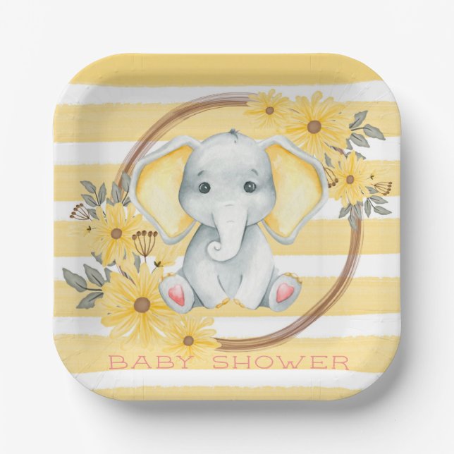 Watercolor Elephant With Yellow Stripe Baby Shower Paper Plate (Front)