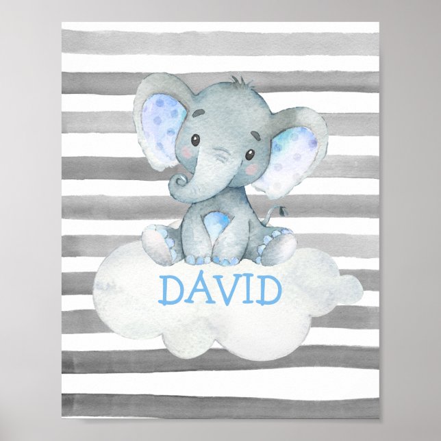 Watercolor Elephant ZOO Jungle Cute Baby Name Poster (Front)