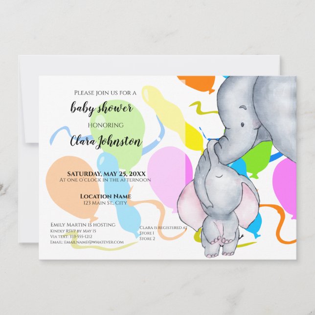 Watercolor Elephants, Balloons Unisex Baby Shower Invitation (Front)