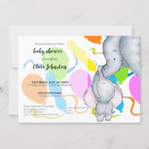 Watercolor Elephants, Balloons Unisex Baby Shower Invitation