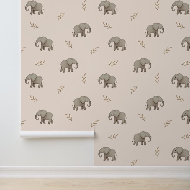 Watercolor Elephants Blush Pink Nursery Pattern Wallpaper (Application)