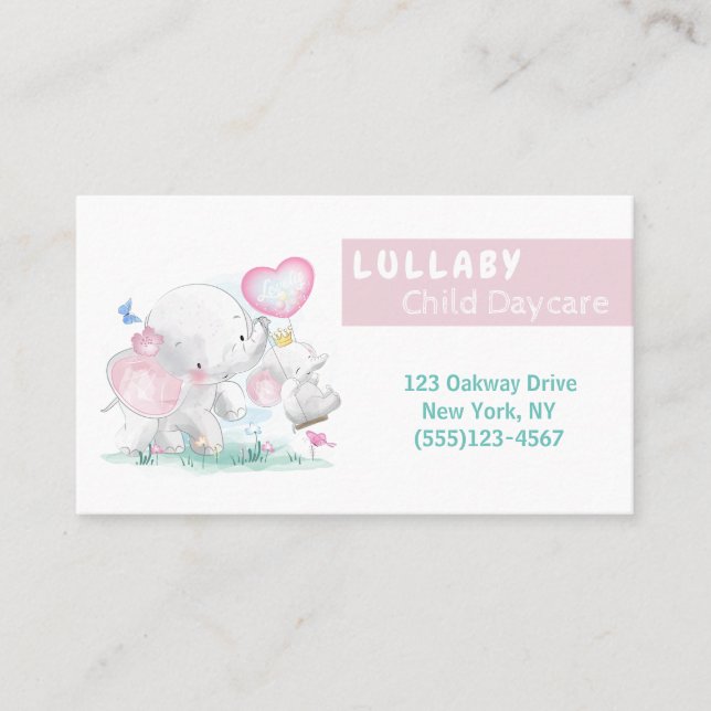 Watercolor Elephants Child Daycare Service Business Card (Front)