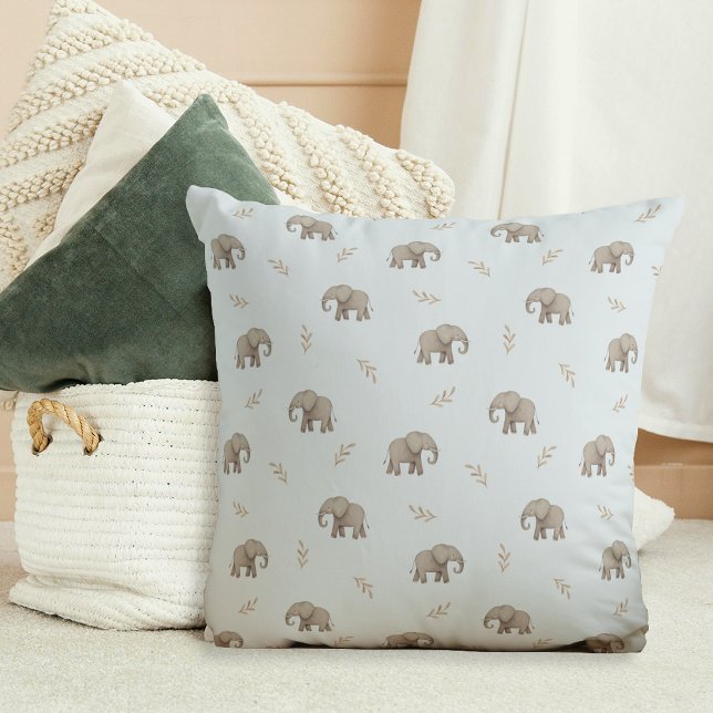 Watercolor Elephants Dusty Blue Nursery Pattern Cushion (Creator Uploaded)