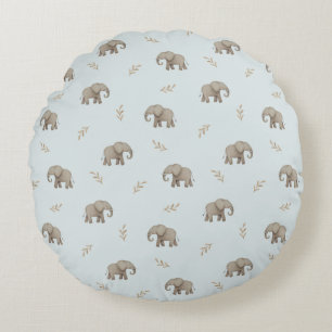 Watercolor Elephants Dusty Blue Nursery Pattern Round Cushion