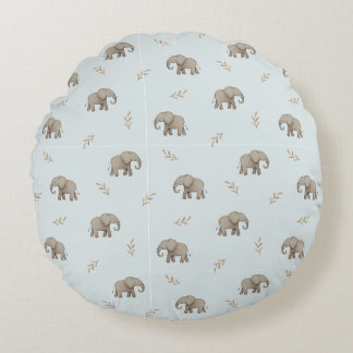 Watercolor Elephants Dusty Blue Nursery Pattern Round Cushion