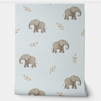 Watercolor Elephants Dusty Blue Nursery Pattern Wallpaper