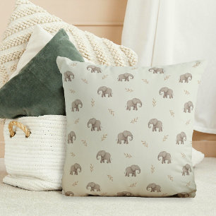 Watercolor Elephants Dusty Green Nursery Pattern Cushion