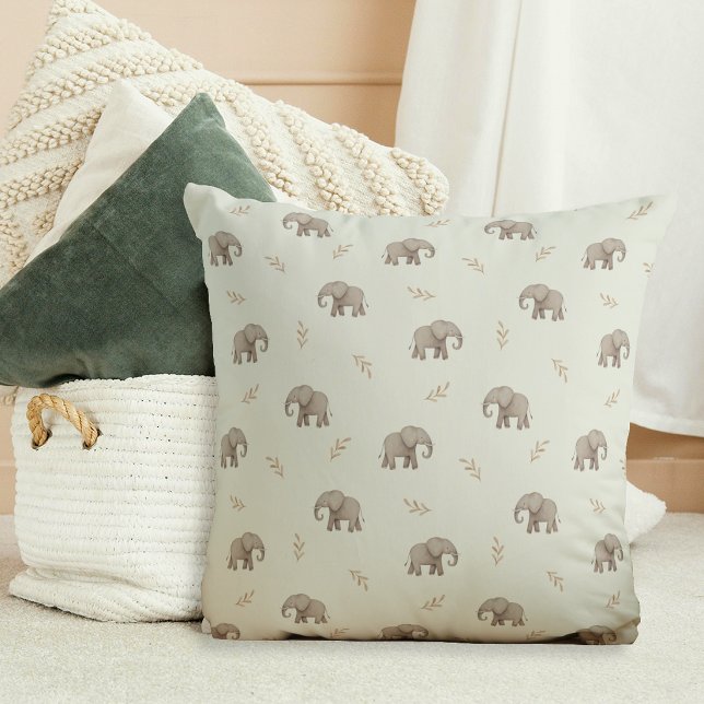  Watercolor Elephants Dusty Green Nursery Pattern Cushion (Creator Uploaded)