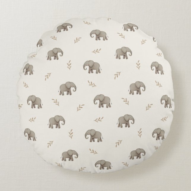  Watercolor Elephants Neutral Nursery Pattern Round Cushion (Front)