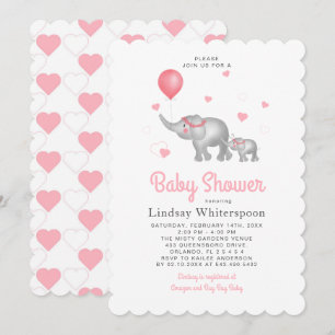 Watercolor Elephants & Pink Heart Girl Baby Shower Invitation