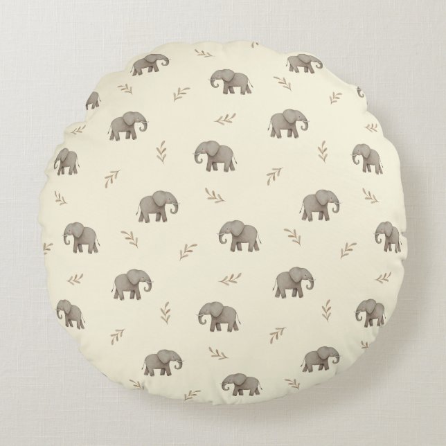 Watercolor Elephants Yellow  Nursery Pattern Round Cushion (Front)