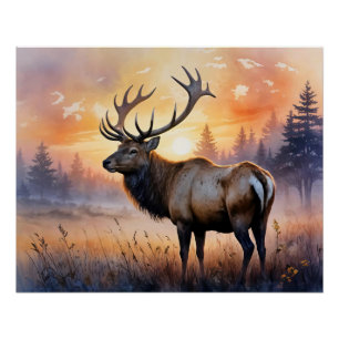 Watercolor Elk at Sunrise Poster