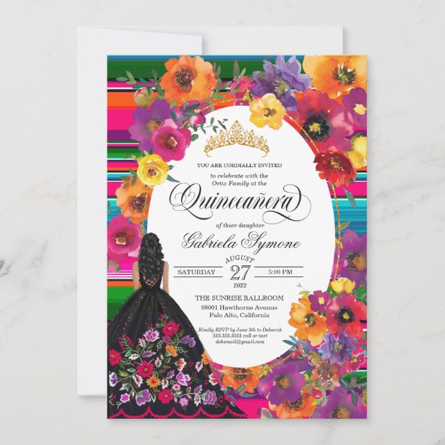 Watercolor Embroidery Floral Serape Quinceañera Invitation (Front)