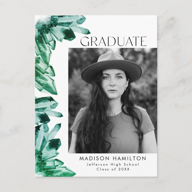 Watercolor Emerald Crystal Photo Graduation Party Invitation Postcard (Front)
