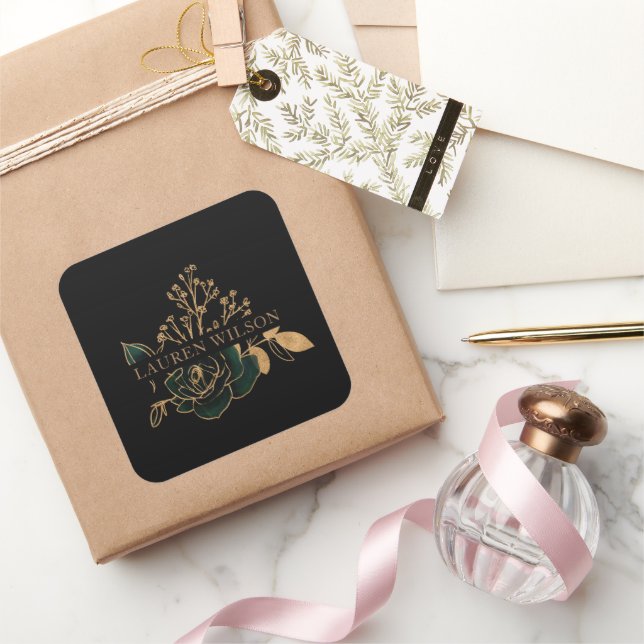 Watercolor Emerald Gold Elegant Floral Square Sticker (Gifting)