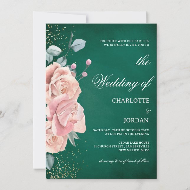Watercolor Emerald Green And Blush Pink Wedding  Invitation (Front)