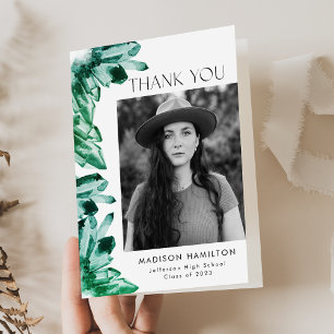 Watercolor Emerald Green Crystals Photo Graduation Thank You Card