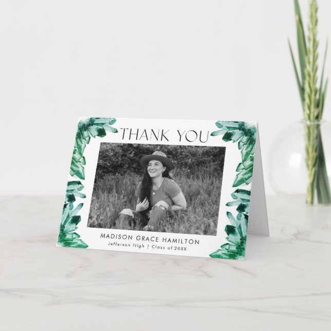 Watercolor Emerald Green Crystals Photo Graduation Thank You Card (Front)