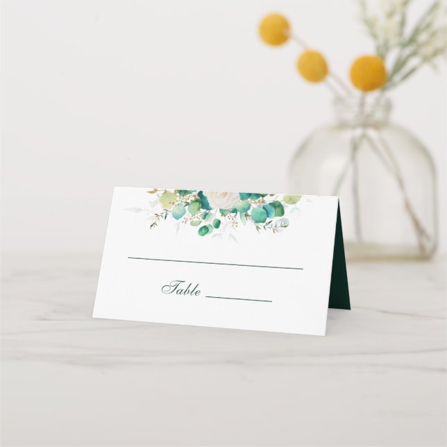 Watercolor Emerald Green Eucalyptus White Roses Place Card (Front)