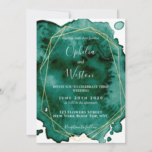 Watercolor Emerald Green Gold Frame Luxury Wedding Invitation (Front)