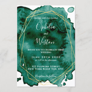 Watercolor Emerald Green Gold Frame Luxury Wedding Invitation