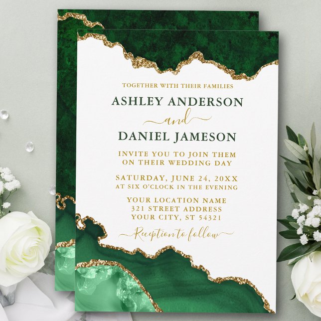 Watercolor Emerald Green Gold Marble Geode Wedding Invitation (Customize to change text color, size or text style.)