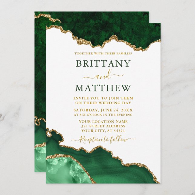Watercolor Emerald Green Marble Gold Geode Wedding Invitation (Front/Back)
