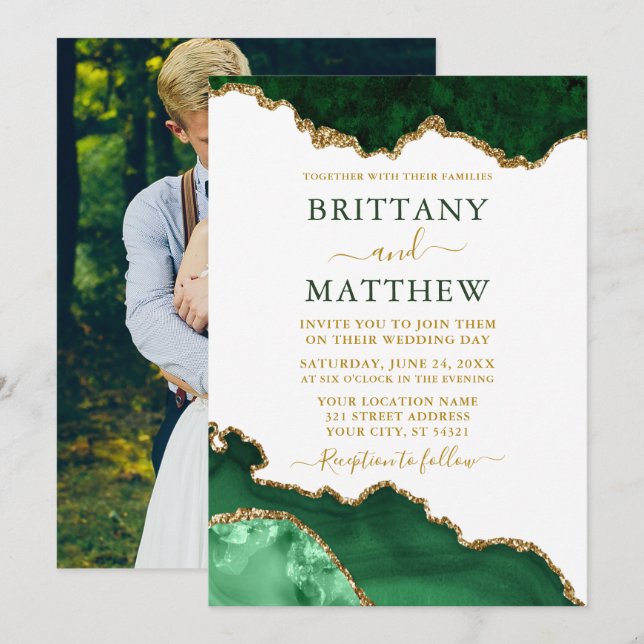Watercolor Emerald Green Marble Gold Photo Wedding Invitation (Front/Back)