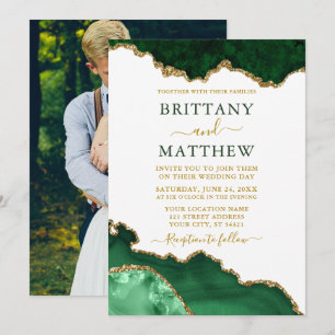 Watercolor Emerald Green Marble Gold Photo Wedding Invitation