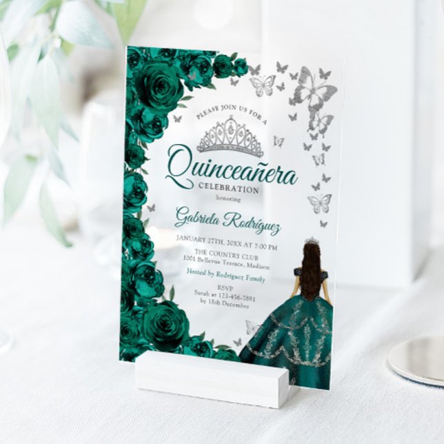 Watercolor Emerald Green Roses Silver Quinceanera Acrylic Invitations (Creator Uploaded)