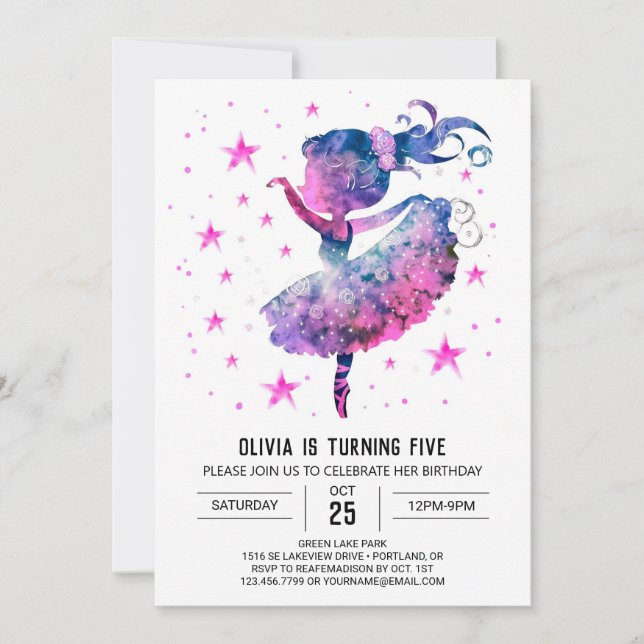Watercolor Enchanted Ballerina Birthday Invitation (Front)