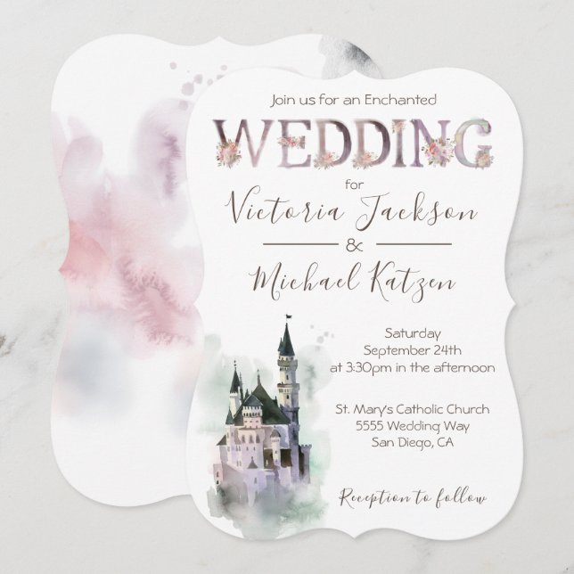 Watercolor Enchanted Castle Wedding Invitation (Front/Back)