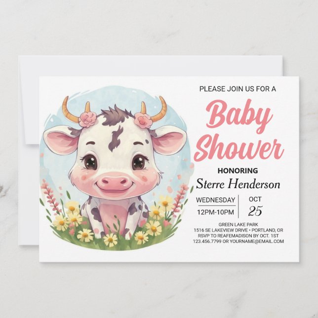 Watercolor Enchanted Cute Cow Baby Shower Invitation (Front)