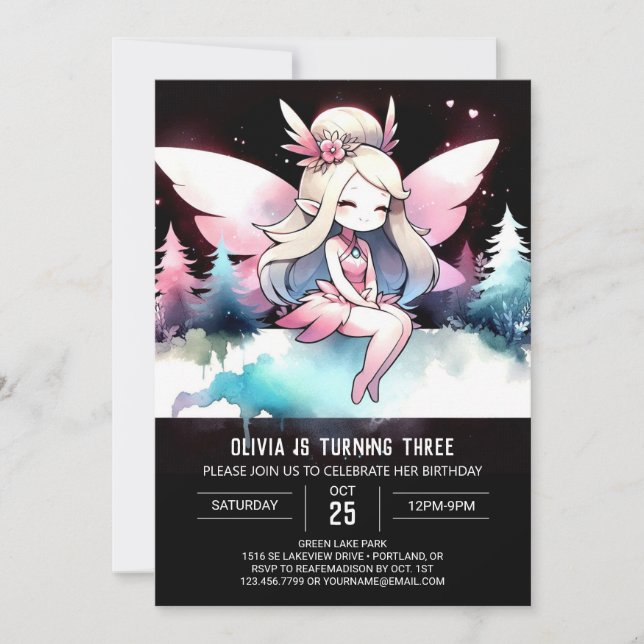 Watercolor Enchanted Fairy Birthday Invitation (Front)