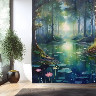 Watercolor Enchanted Forest Lake Shower Curtain